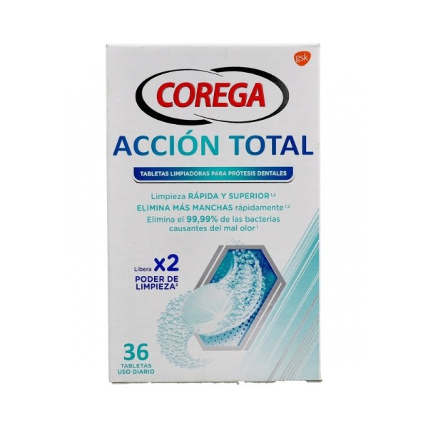 Corega Acción Total Limpiador Limpieza Prótesis Dental 36 Tabletas